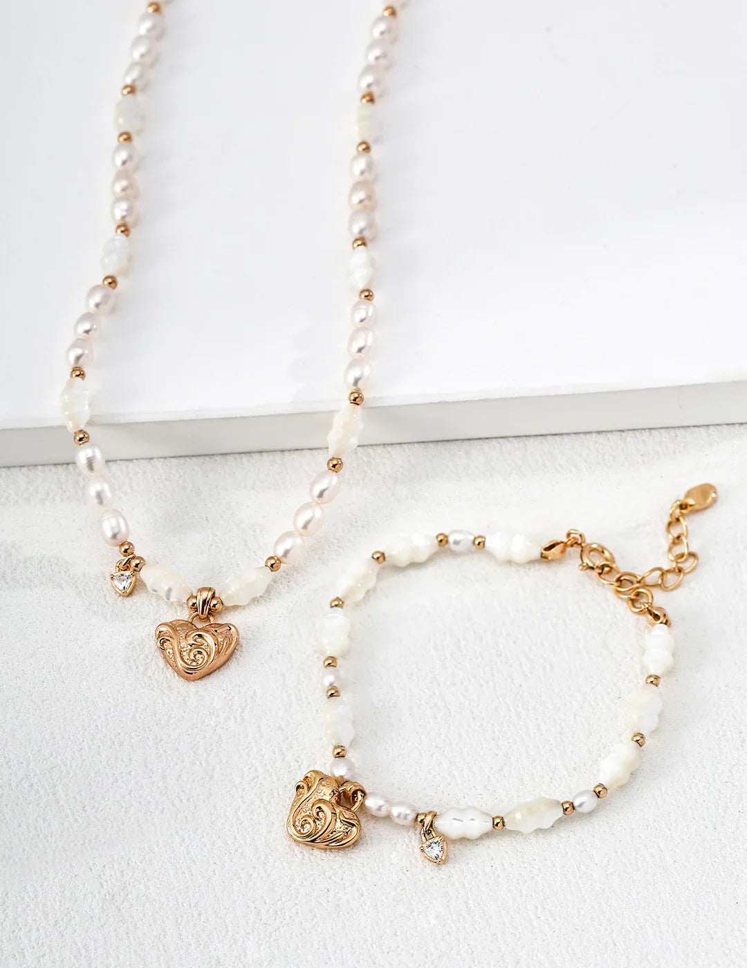 Heart & Scrollwork White Shell Pearl Necklace