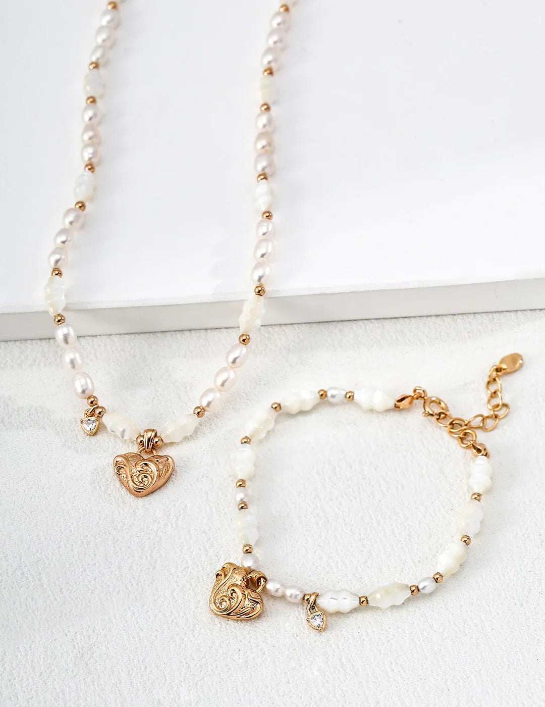 Heart & Scrollwork White Shell Pearl Necklace