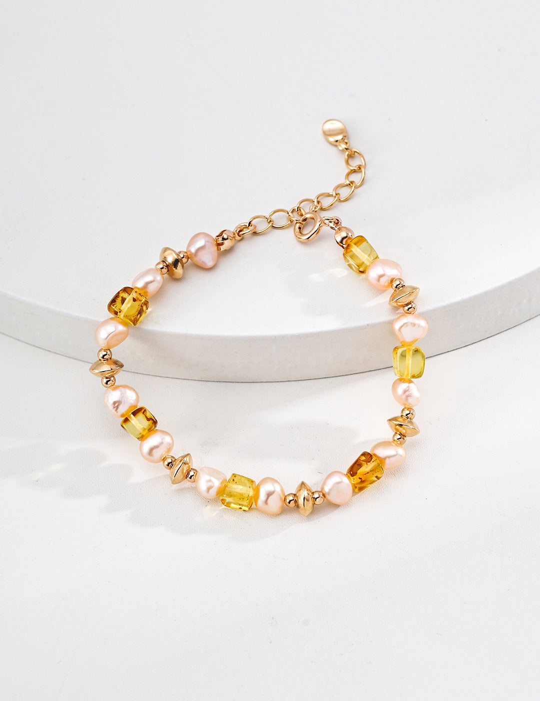 S925 Silver Natural Amber Champagne Pearl Bracelet | Vintage Gold Adjustable Beaded Bracelet