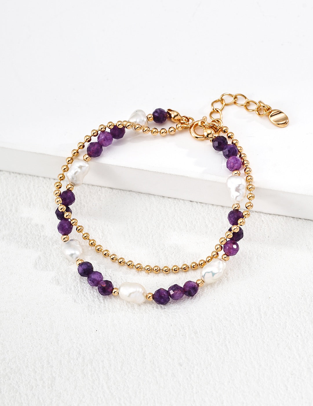 Armband aus Naturperlen und violetten Kristallen – Retro-Goldschmuck aus 925er Silber