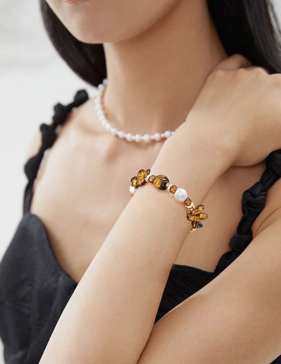 S925 silver tiger's eye retro gold natural pearl bracelet