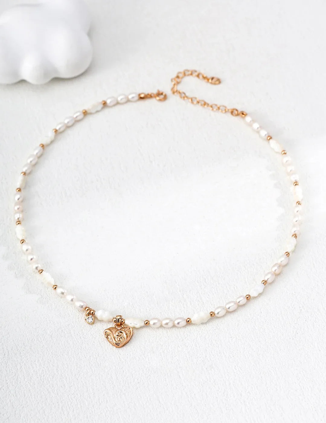 Heart & Scrollwork White Shell Pearl Necklace
