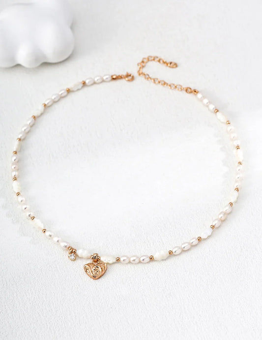 Heart & Scrollwork White Shell Pearl Necklace
