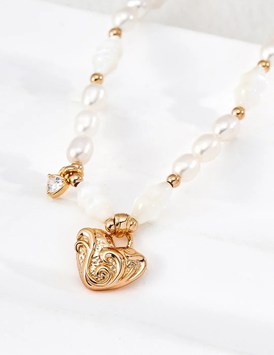 Heart & Scrollwork White Shell Pearl Necklace