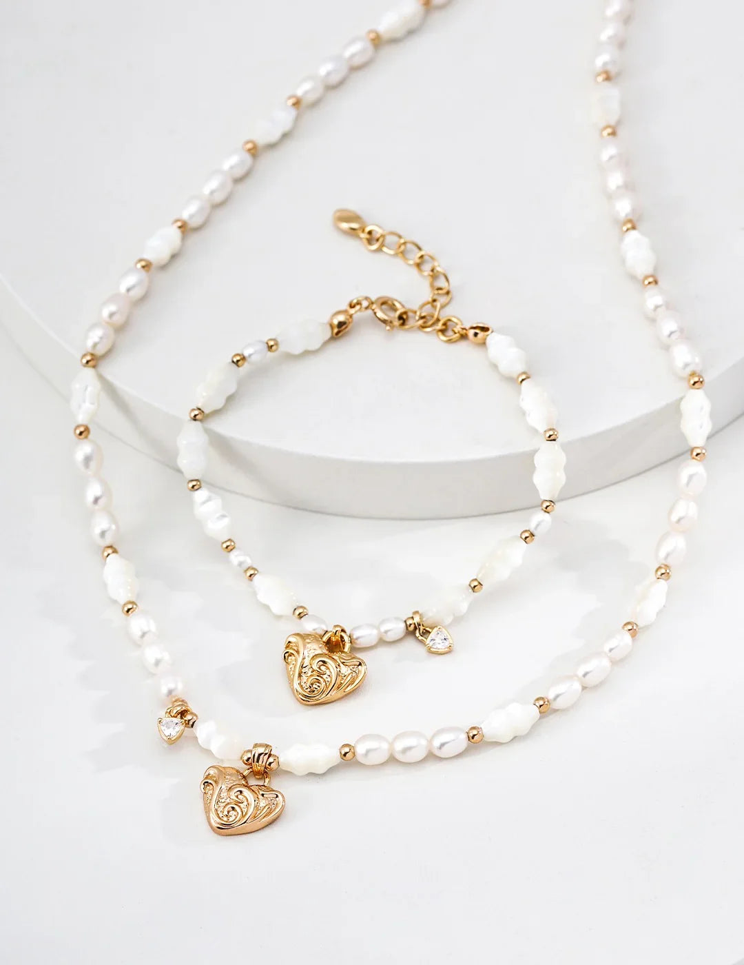 Heart & Scrollwork White Shell Pearl Necklace