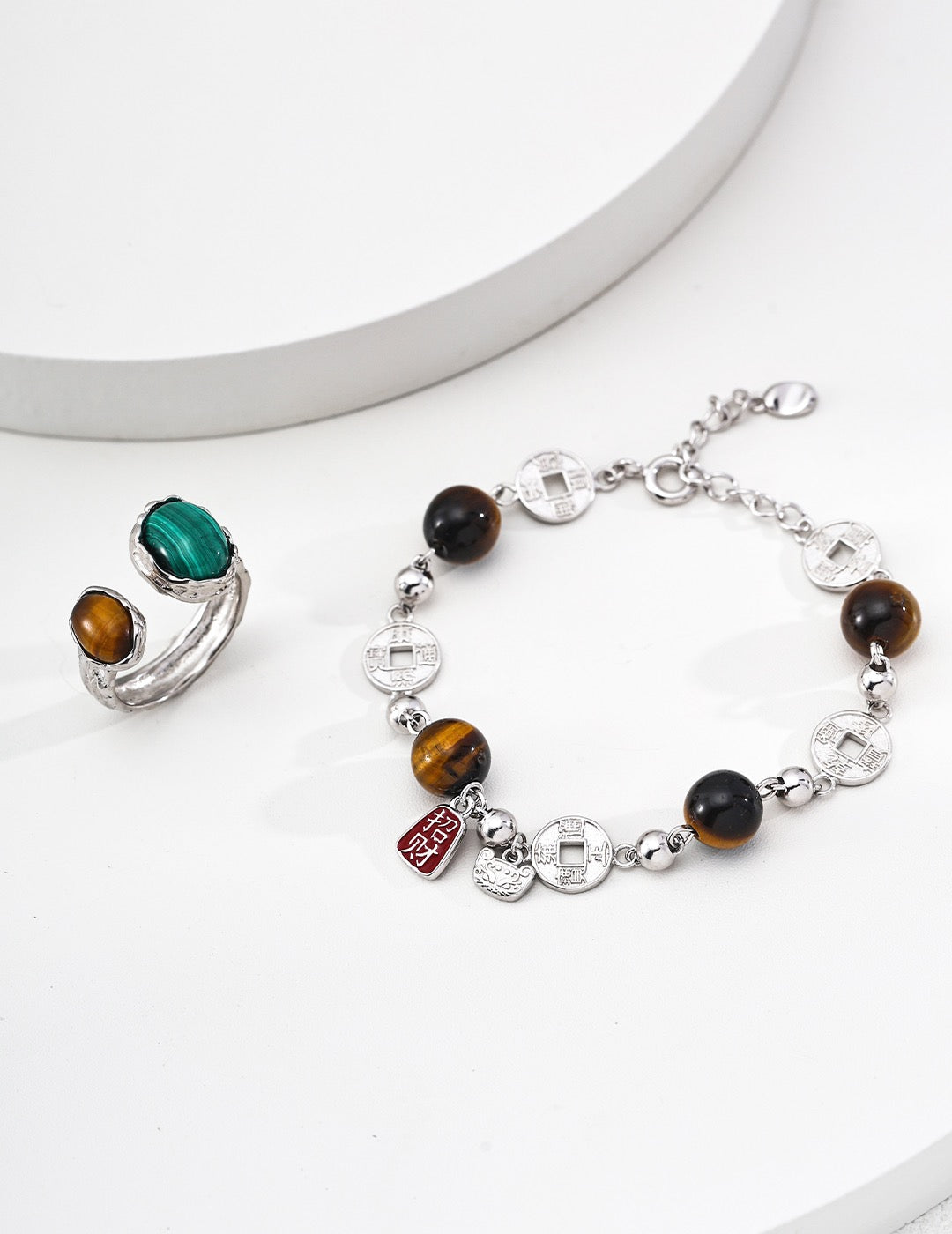 Lucky S925 Silver Citrine & Tiger Eye Bracelet - Adjustable Chain (Vintage Gold/White Gold)