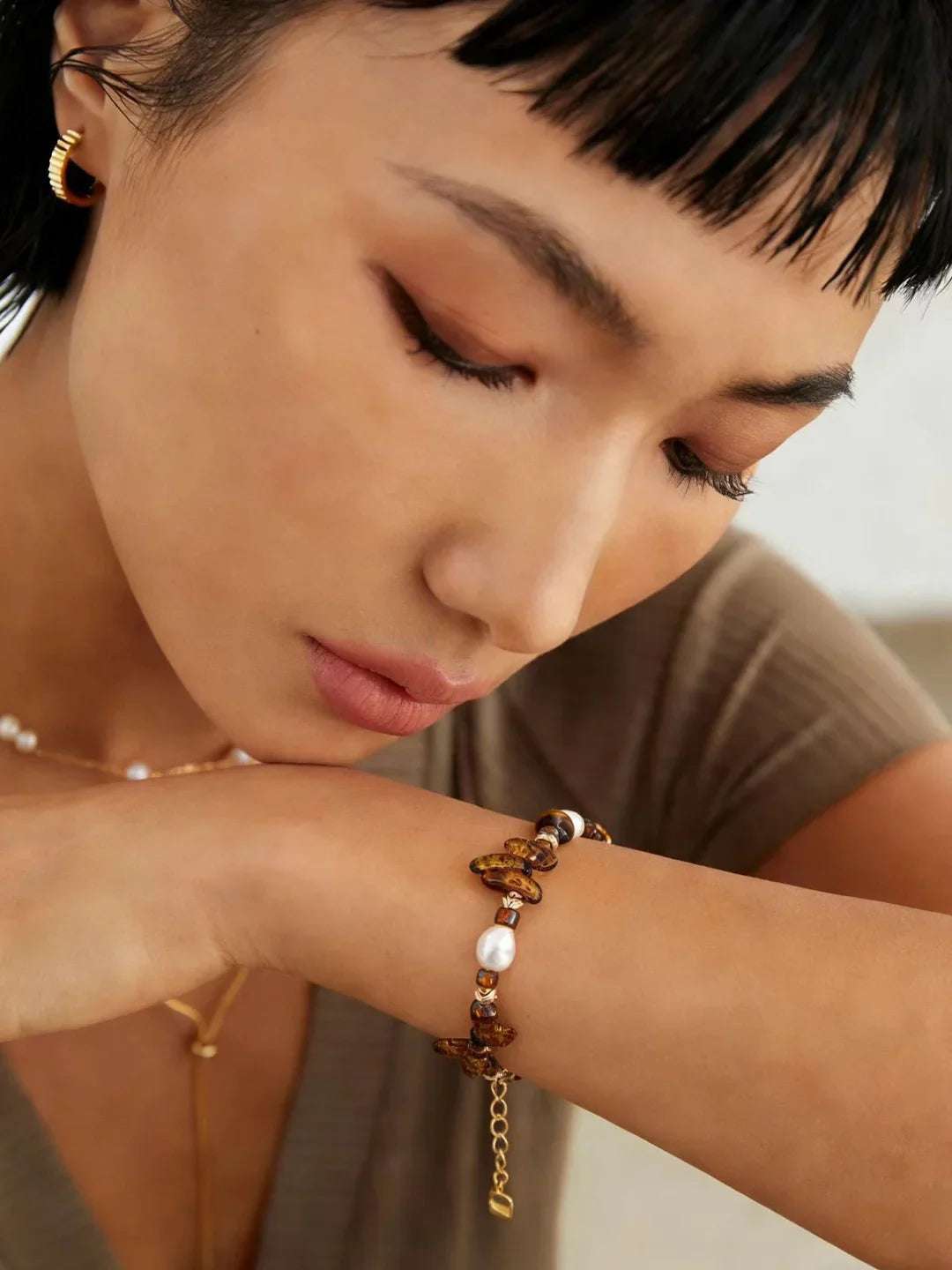 S925 silver tiger's eye retro gold natural pearl bracelet
