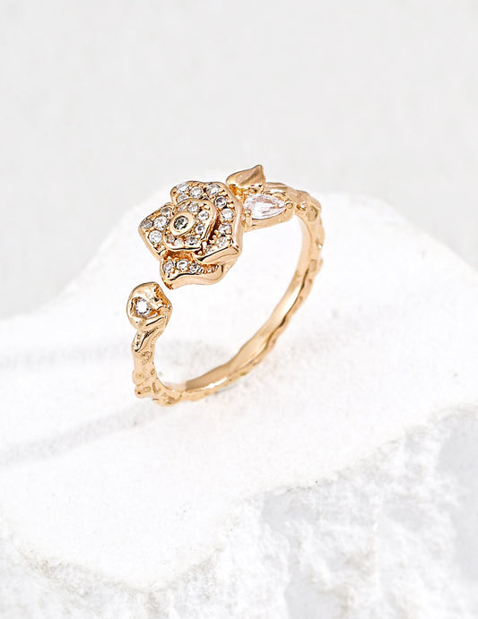 Vintage Camellia Zircon Ring for Women - S925 Silver Open Band Size 15