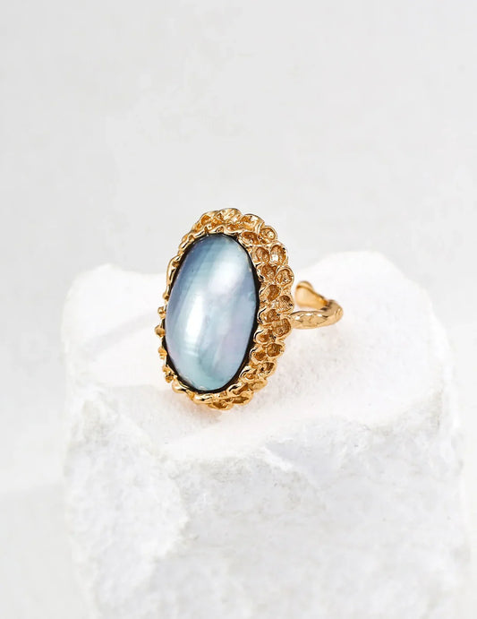 Hand-carved S925 silver mabe pearl ring