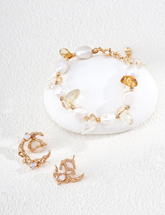 S925 Silver "Golden Luck & Pearl" Bracelet | Natural Crystal & Pearl Ins Style Bracelet