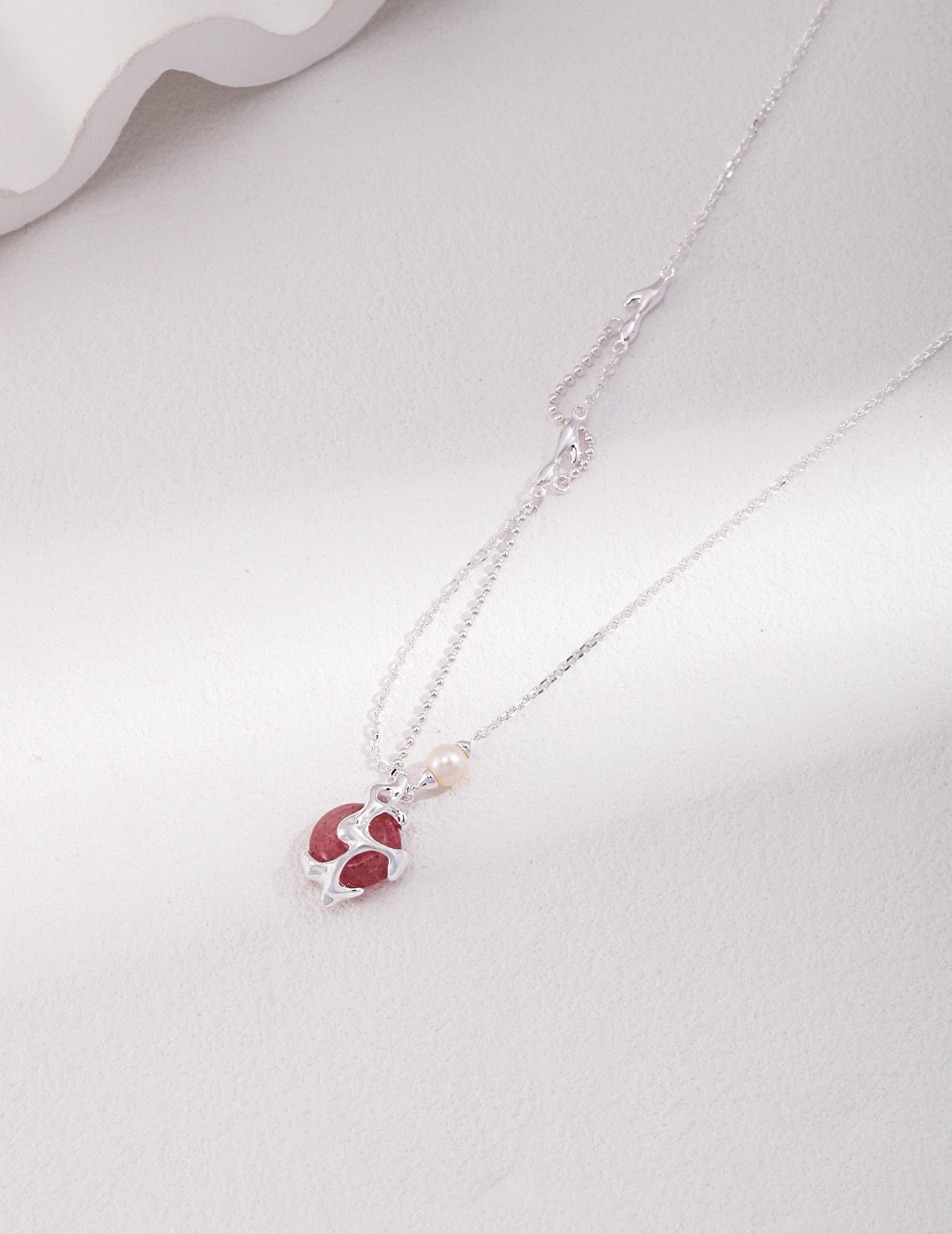 Neo-Chinese "Sunset & Sky" S925 Silver Strawberry Quartz Peace Buckle Necklace - Pearl Accent