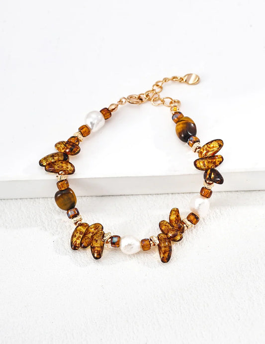 S925 silver tiger's eye retro gold natural pearl bracelet