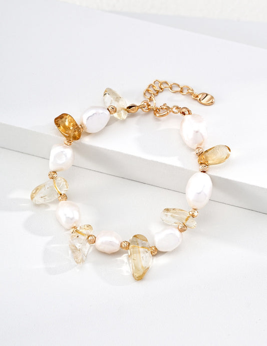 S925 Silver "Golden Luck & Pearl" Bracelet | Natural Crystal & Pearl Ins Style Bracelet