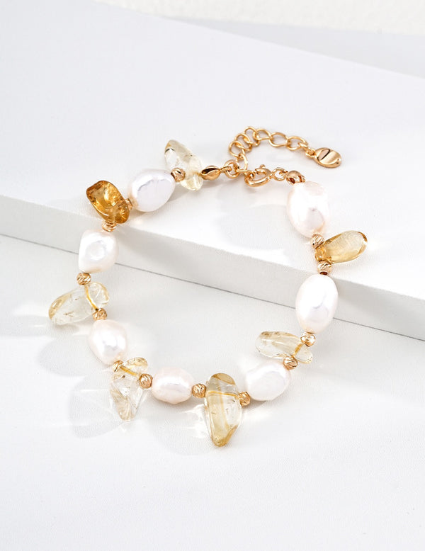 S925 Silver "Golden Luck & Pearl" Bracelet | Natural Crystal & Pearl Ins Style Bracelet