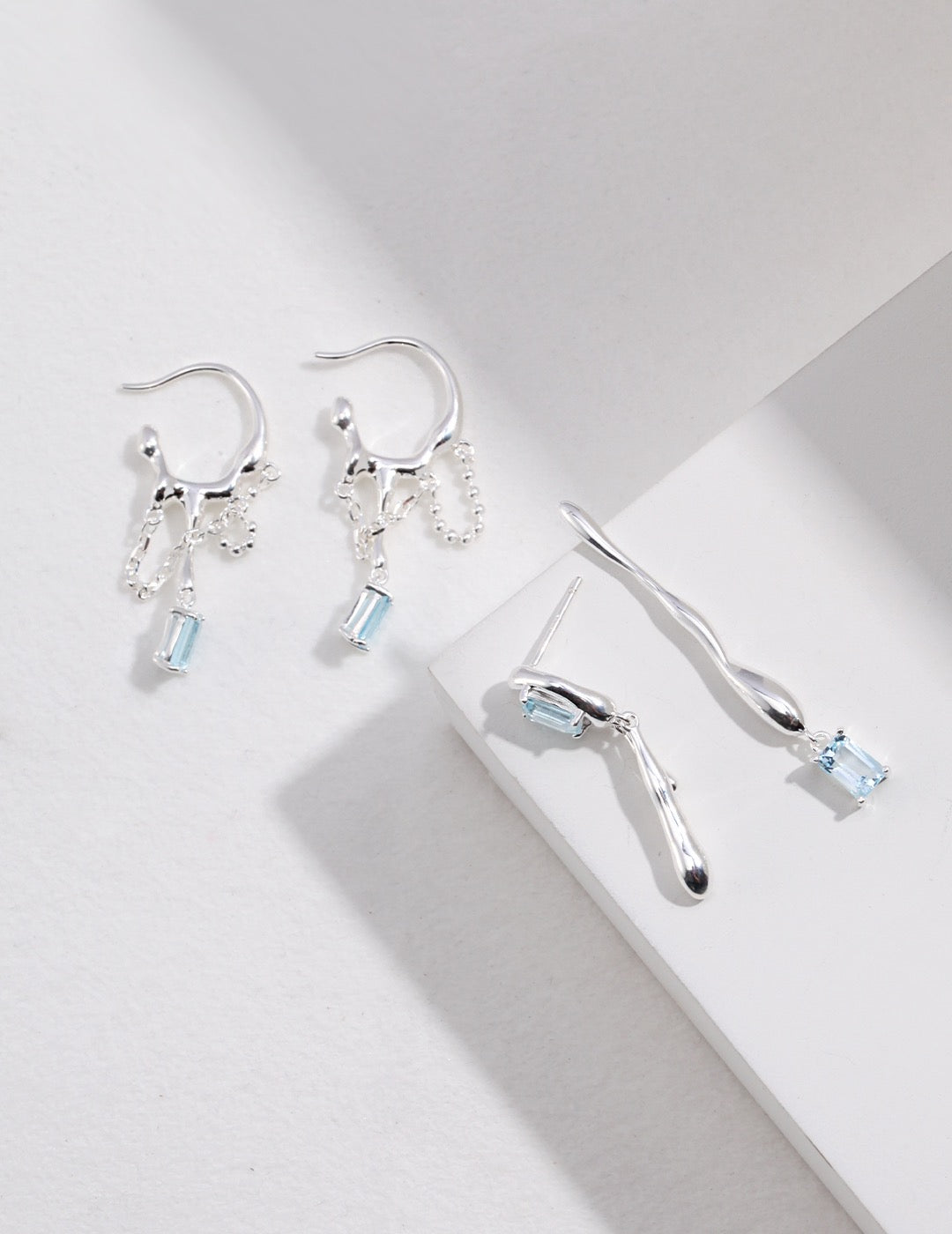 S925 Silver Natural Blue Topaz Earrings | Flowing Water Design Drop Earrings
