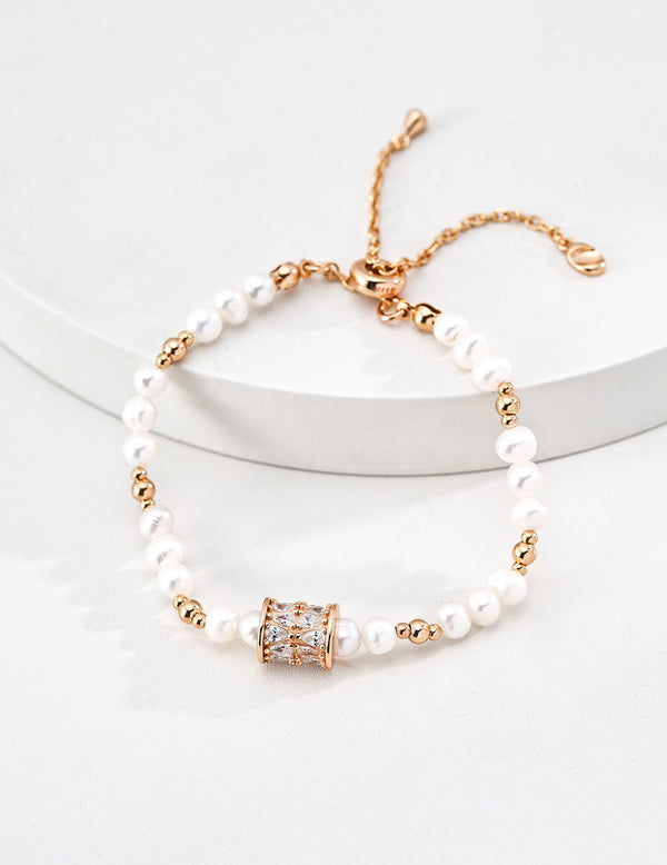 S925 Silver "Fortune Rotating" Pearl Bracelet | Retro Gold & White Gold CZ Bracelet