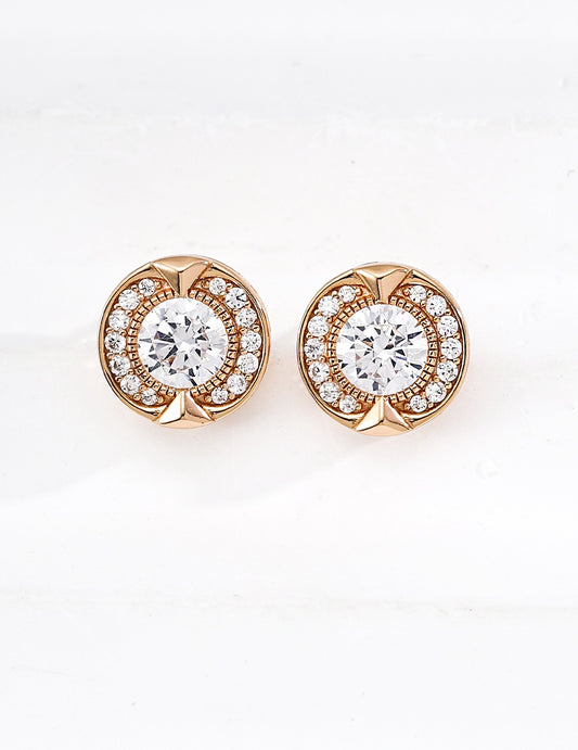 S925 Silver Zircon Stud Earrings - Retro Gold/White Gold 1.3cm