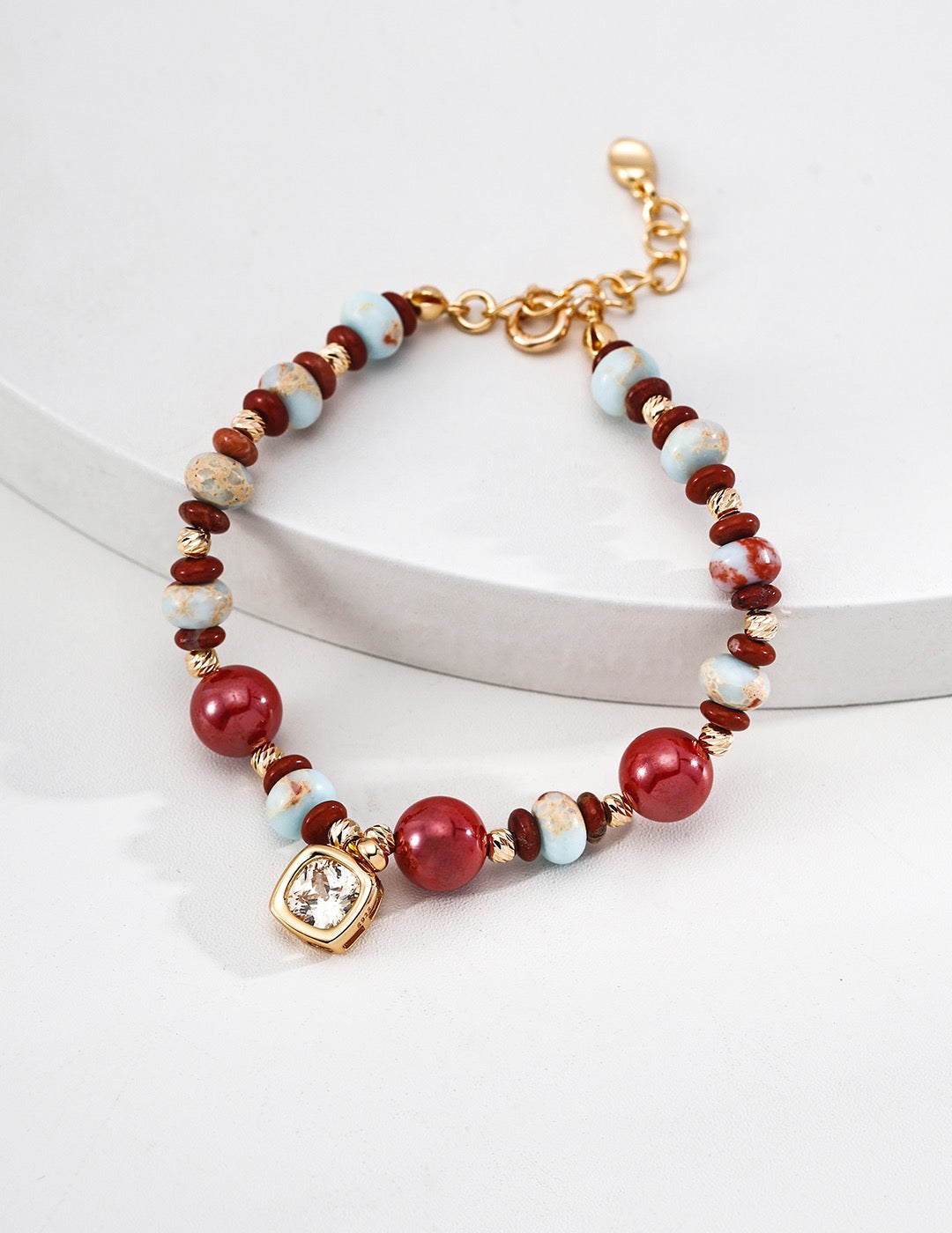 S925 Silver Shoushan Stone Cinnabar Red Stone CZ Bracelet | Vintage Gold Adjustable Beaded Bracelet