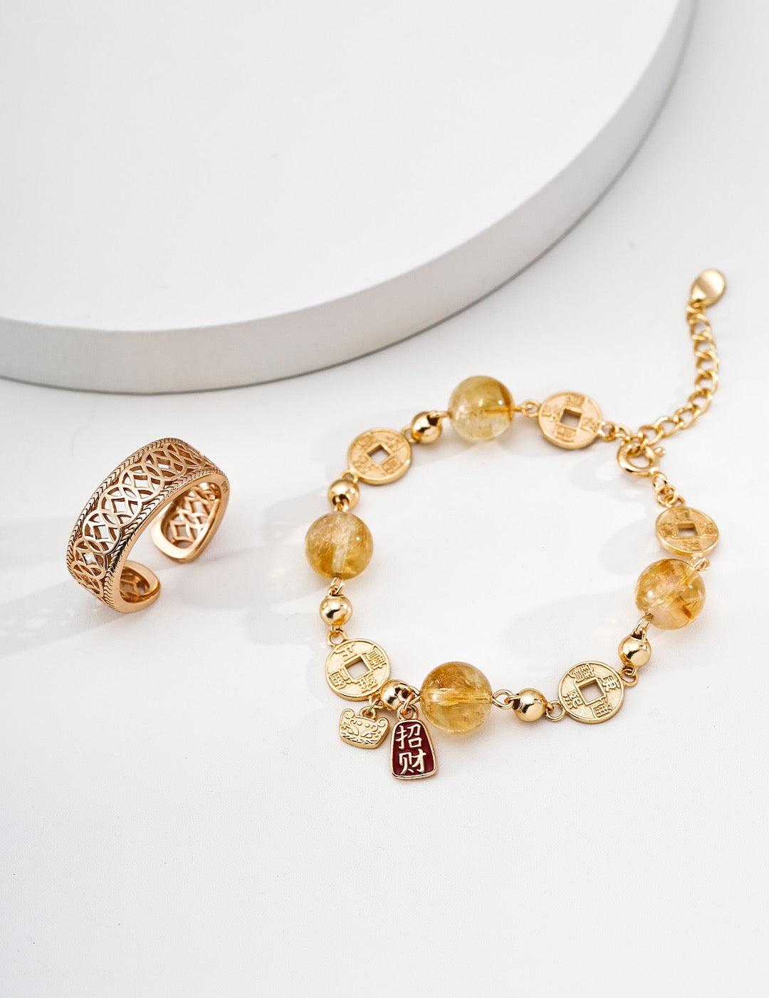 Lucky S925 Silver Citrine & Tiger Eye Bracelet - Adjustable Chain (Vintage Gold/White Gold)