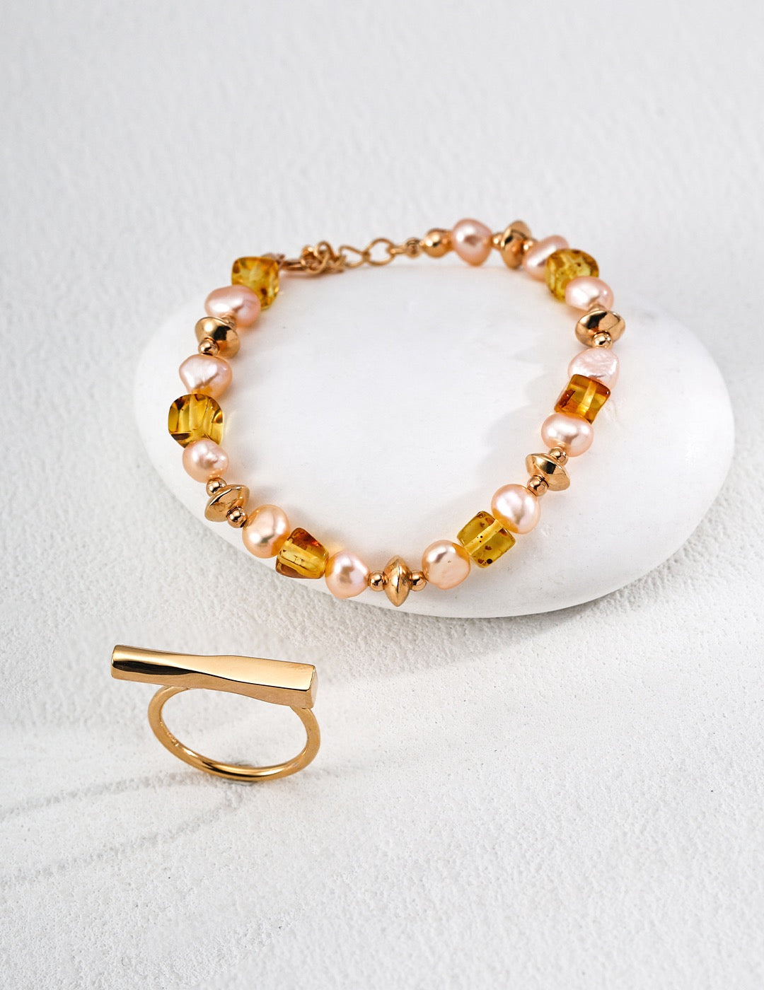 S925 Silver Natural Amber Champagne Pearl Bracelet | Vintage Gold Adjustable Beaded Bracelet