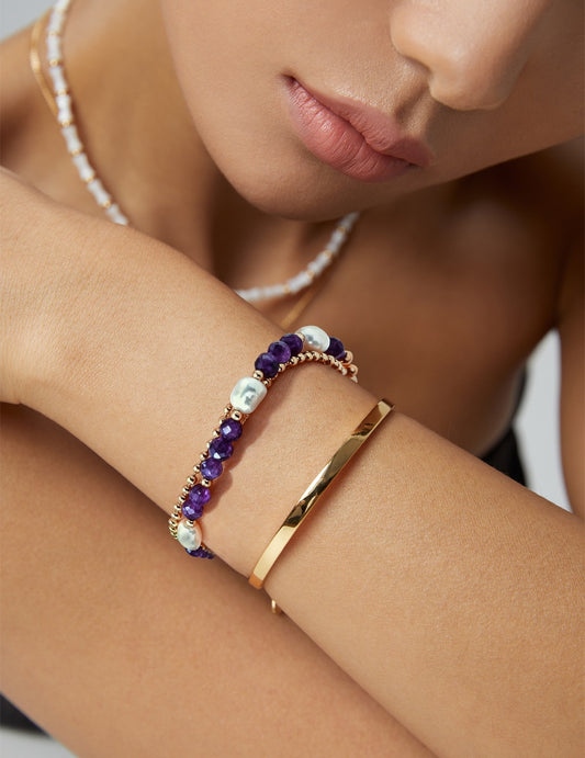 Natural Pearl Purple Crystal Bracelet - S925 Silver Retro Gold Jewelry