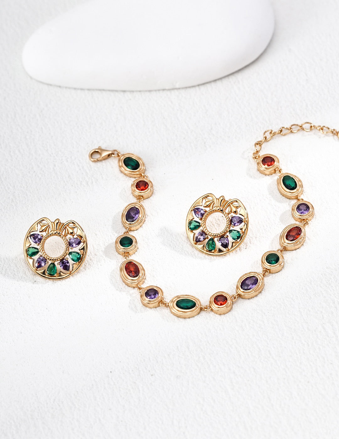 Monet Garden Ohrringe aus 925er Silber – Lila-Grüner Zirkon, Retro-Gold, 1,8 cm