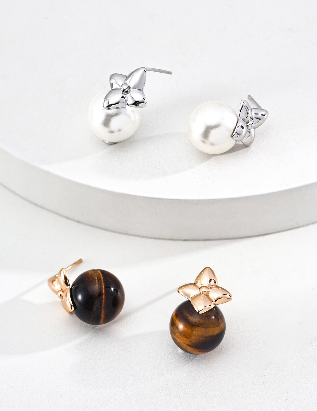 S925 Silver "Four-Leaf Fortune" Golden Leaf Earrings | Tiger Eye & Pearl Vintage Gold Dangles