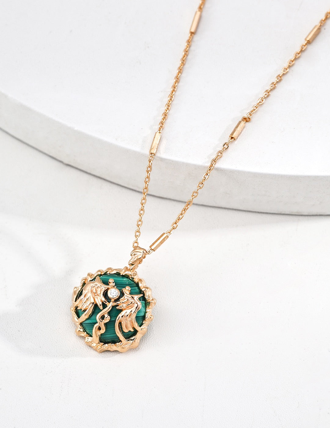 Mythic Victory Bow Necklace | S925 Silver Malachite Pendant with Wings & Flaming Details