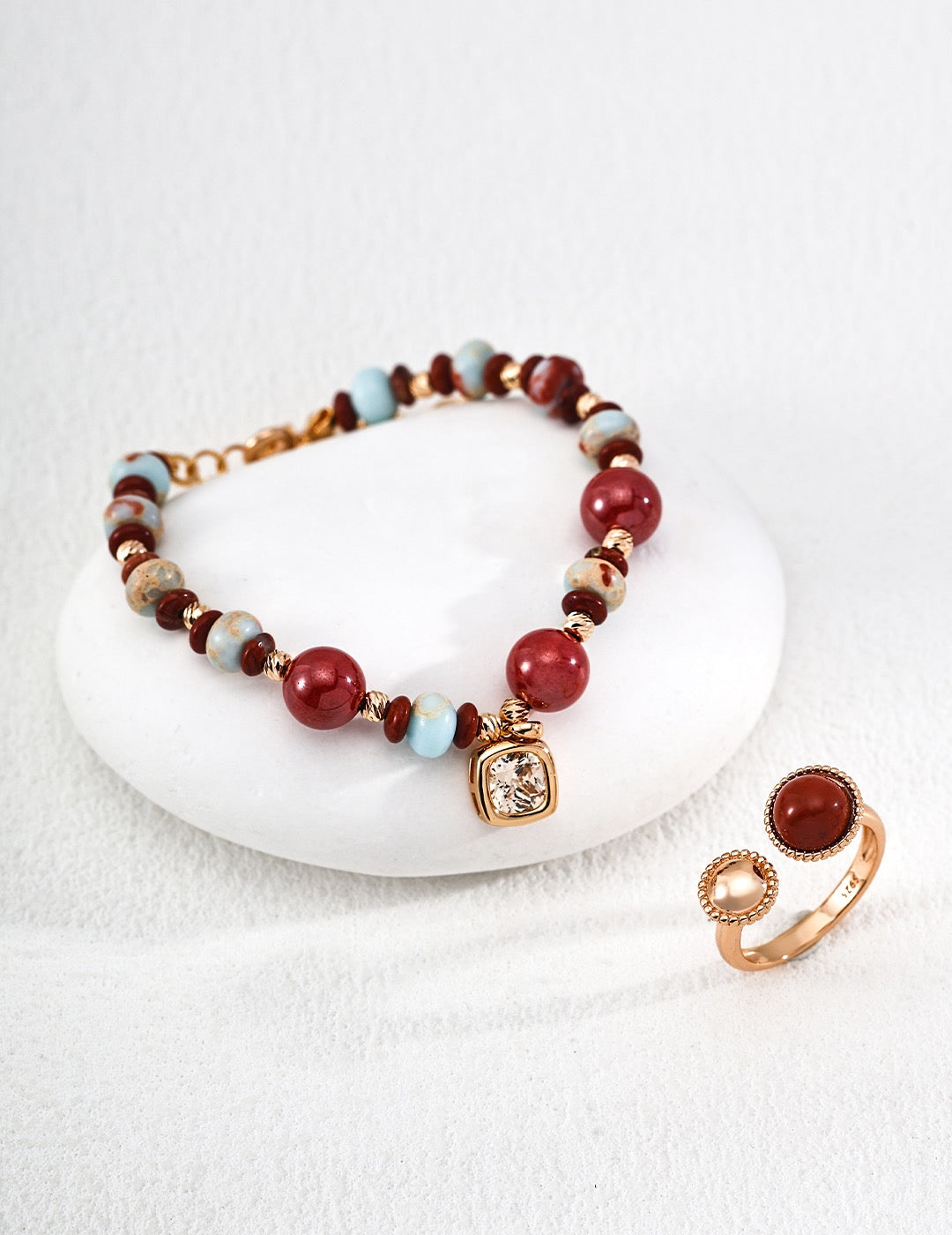 S925 Silver Shoushan Stone Cinnabar Red Stone CZ Bracelet | Vintage Gold Adjustable Beaded Bracelet