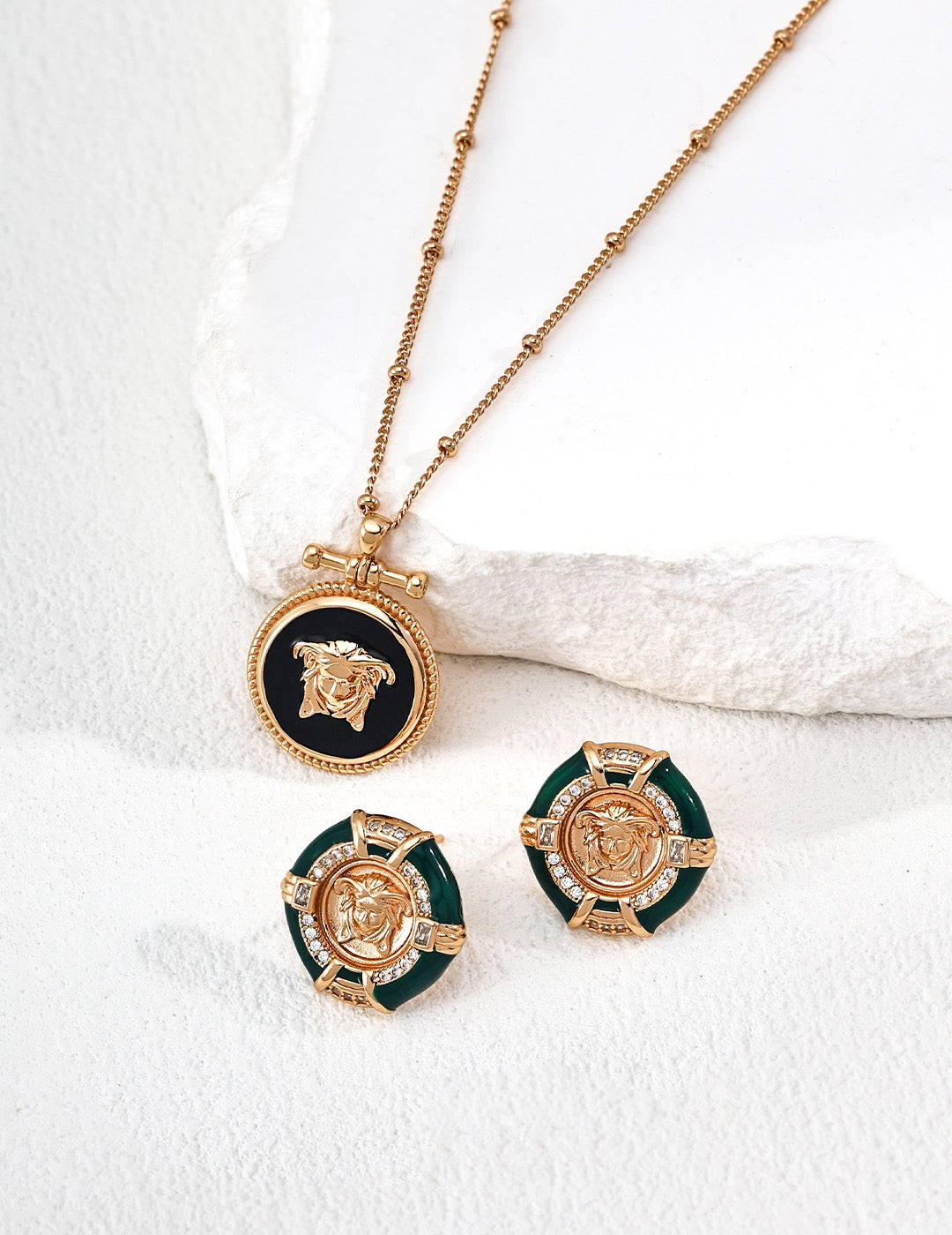 S925 Silver Enamel Medusa Earrings | Vintage Gold Mythic Studs