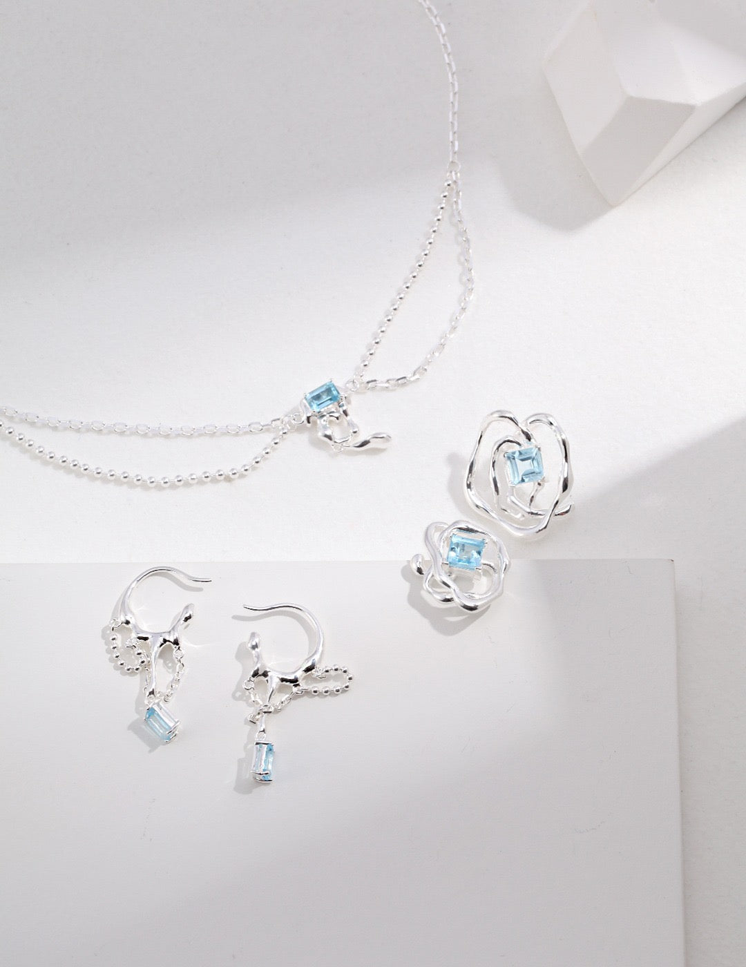 S925 Silver Natural Blue Topaz Earrings | Flowing Water Design Drop Earrings