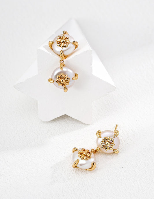 silver Vintage Natural Pearl Earrings | Gothic Iris Lava Flow Retro Gold Dangles