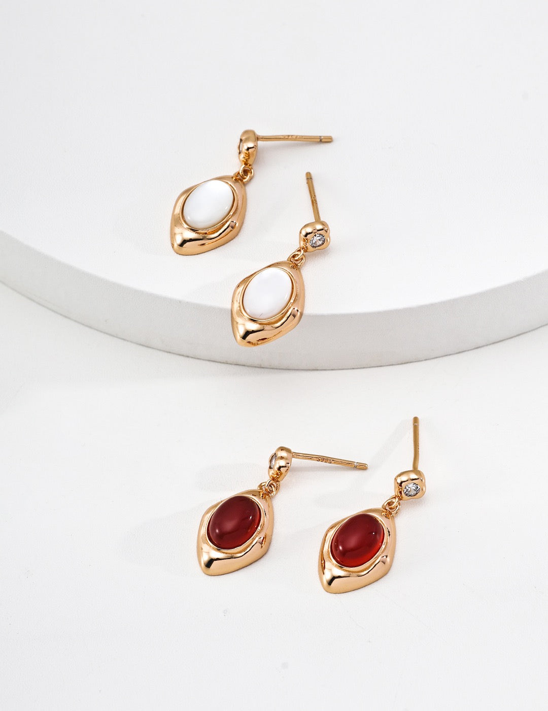 Vintage Ohrringe aus 925er Silber – Perlmutt, Karneol &amp; Zirkon | 2 cm