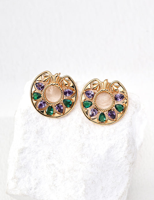Monet Garden S925 Silver Earrings - Purple Green Zircon Retro Gold 1.8cm