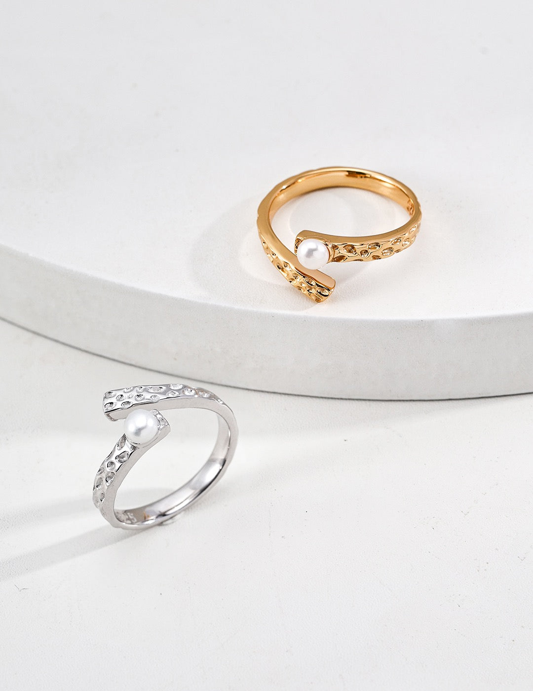 S925 Silver Hammered Pearl Ring | Vintage Gold & White Gold Adjustable Open Band