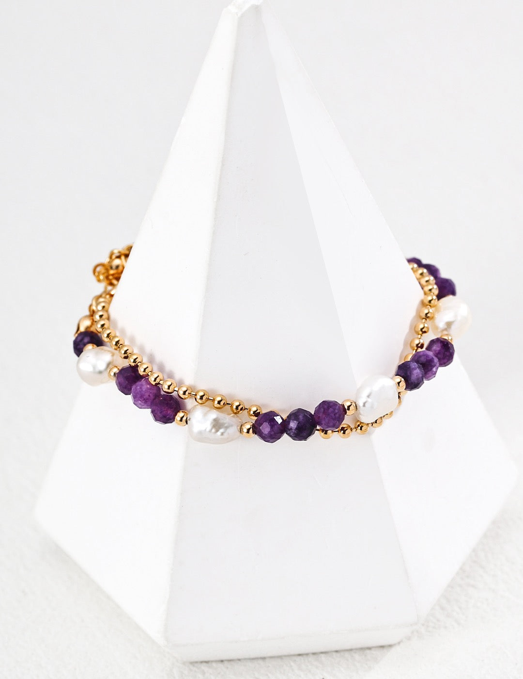 Armband aus Naturperlen und violetten Kristallen – Retro-Goldschmuck aus 925er Silber