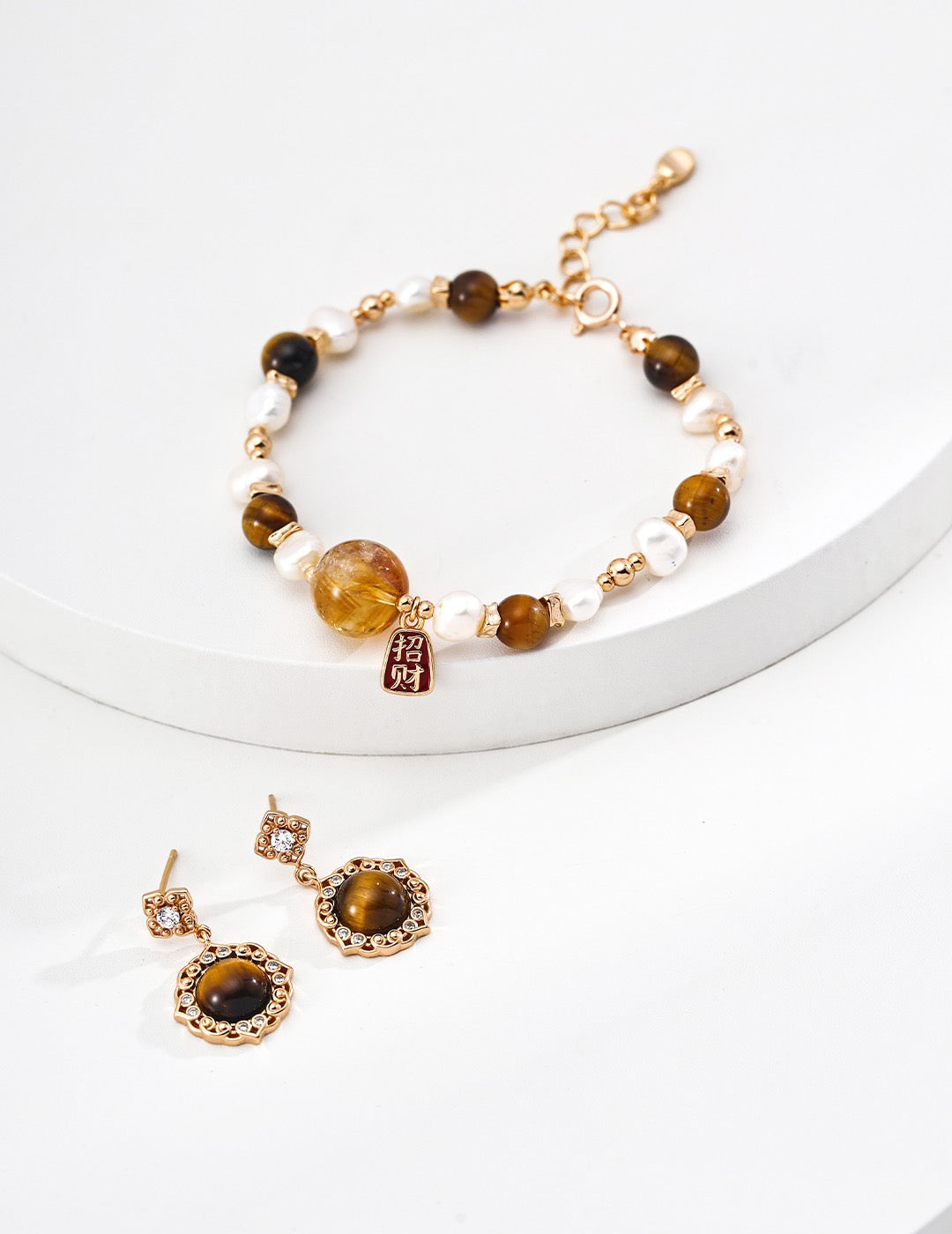 S925 Silver Retro Carnelian Tiger Eye Earrings | "Zhu Hua" Vintage Gold Lucky Flower Studs