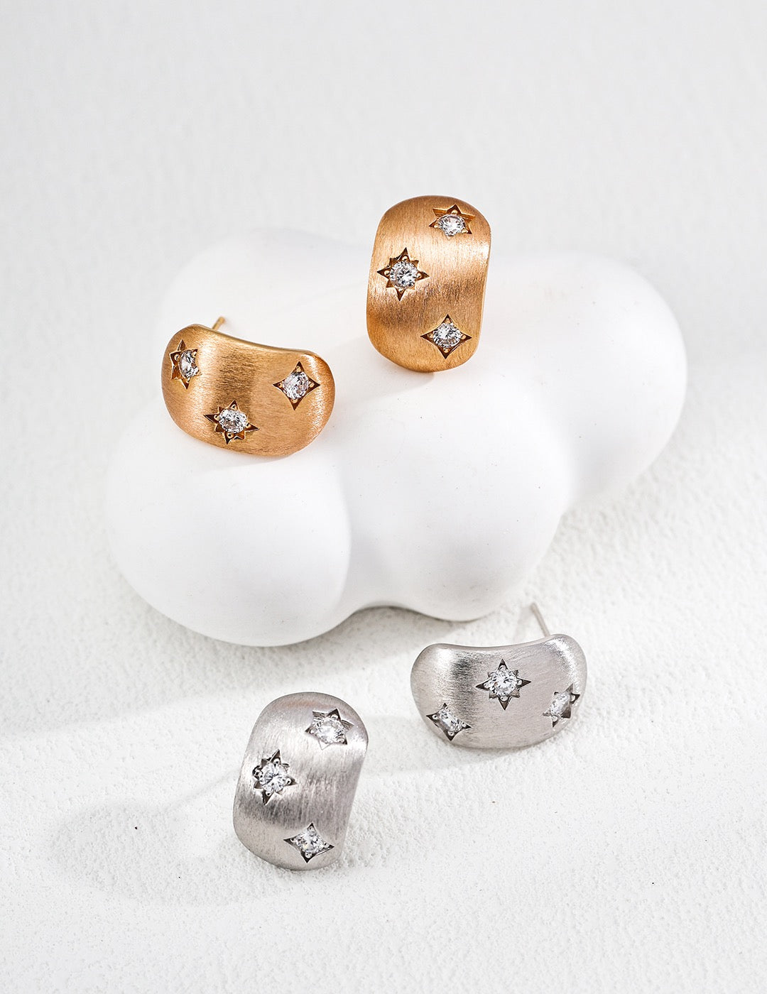 S925 Silver Vintage Brushed CZ Stud Earrings | Retro Gold & White Gold Starry Sparkle