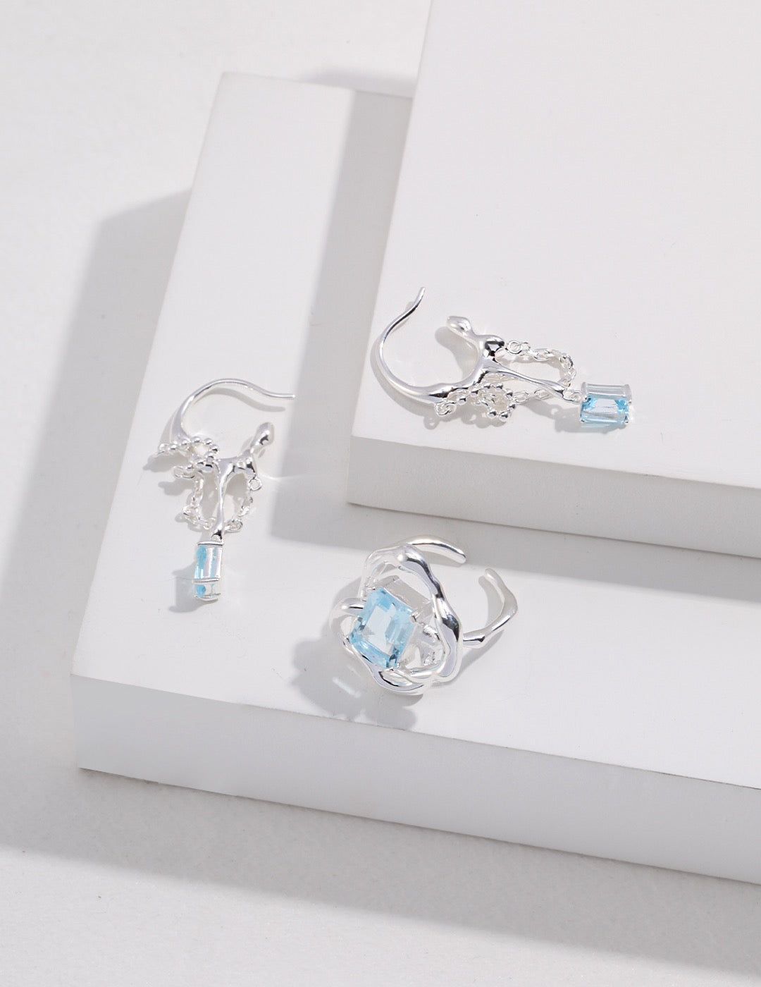 S925 Silver Natural Blue Topaz Earrings | Flowing Water Design Drop Earrings