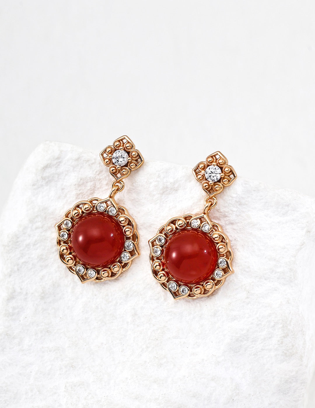 S925 Silver Retro Carnelian Tiger Eye Earrings | "Zhu Hua" Vintage Gold Lucky Flower Studs