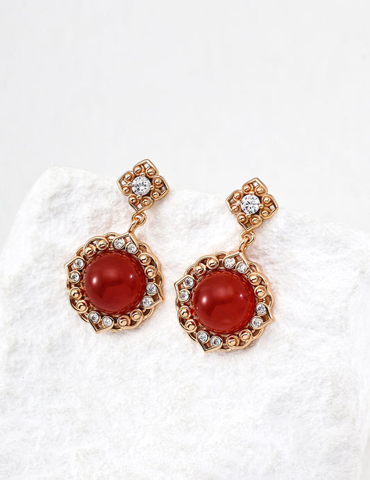 S925 Silver Retro Carnelian Tiger Eye Earrings | "Zhu Hua" Vintage Gold Lucky Flower Studs