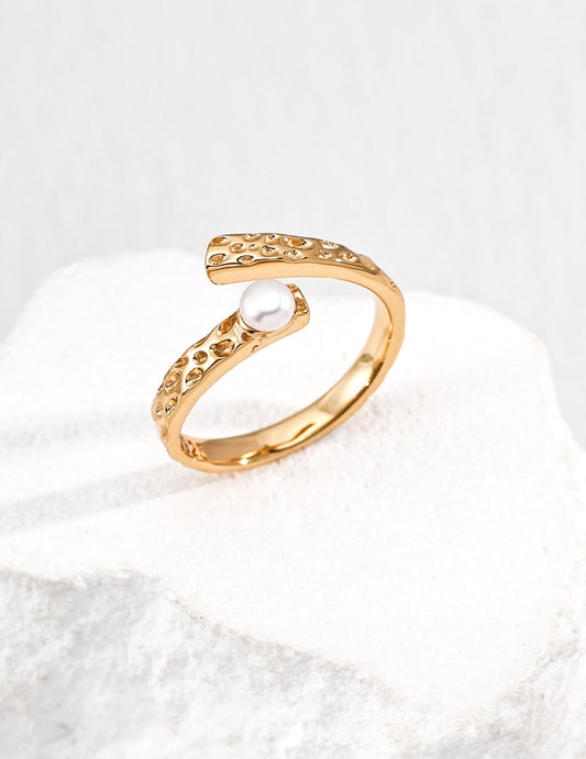 S925 Silver Hammered Pearl Ring | Vintage Gold & White Gold Adjustable Open Band