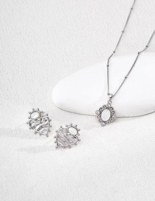 S925 Silver Island Heartbeat Earrings | Wave Texture Mother of Pearl Studs