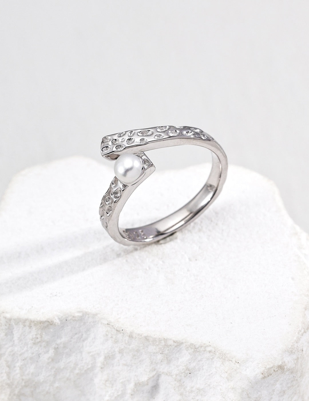 S925 Silver Hammered Pearl Ring | Vintage Gold & White Gold Adjustable Open Band