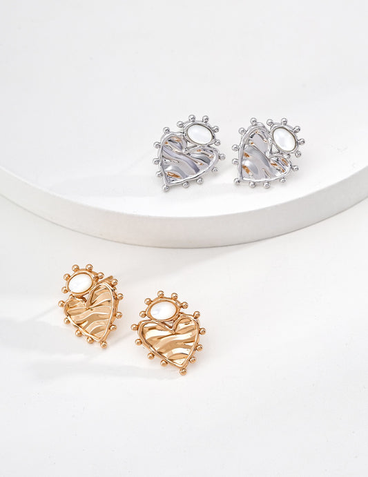 S925 Silver Island Heartbeat Earrings | Wave Texture Mother of Pearl Studs