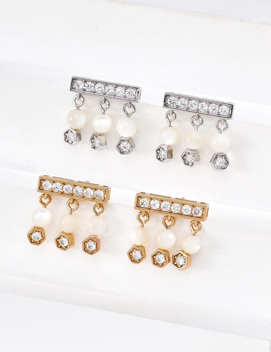 S925 Silver Mother-of-Pearl CZ Earrings | Minimalist Retro Gold & White Gold Studs