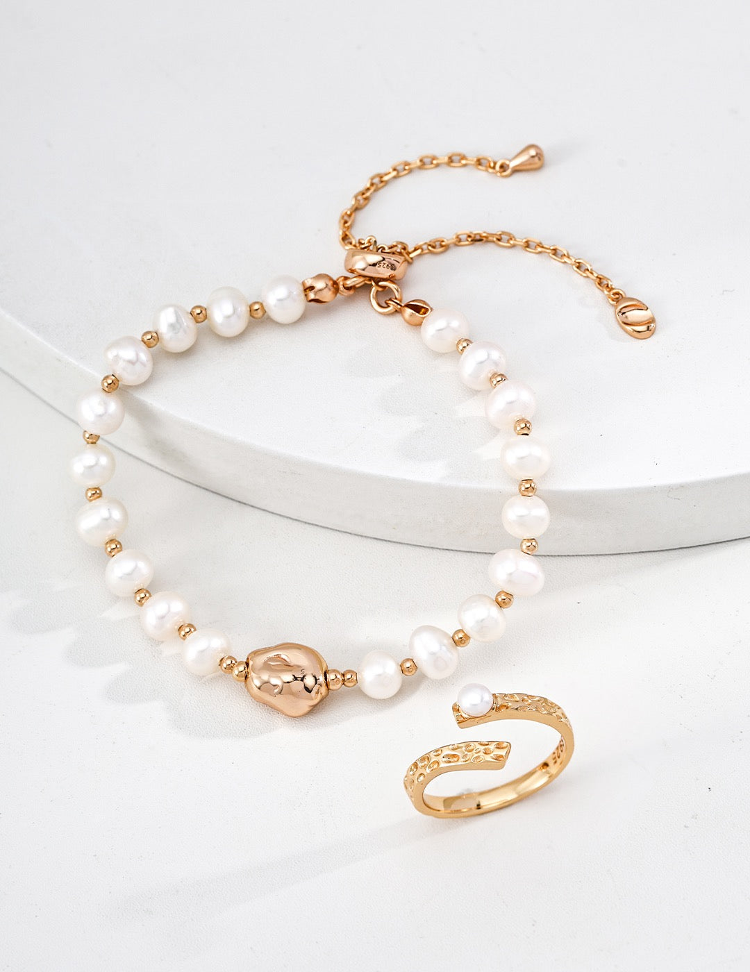 S925 Silver Hammered Pearl Ring | Vintage Gold & White Gold Adjustable Open Band