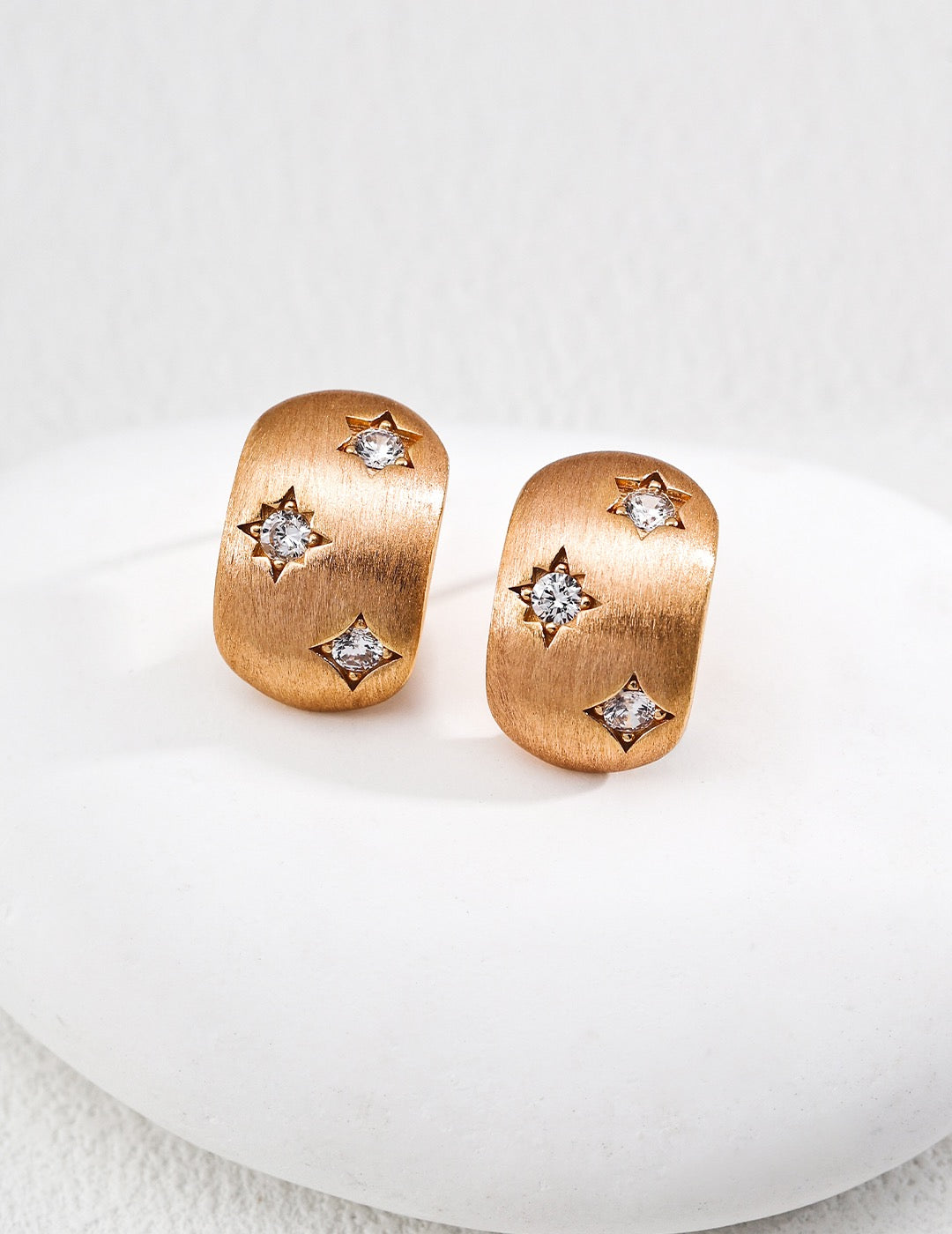 S925 Silver Vintage Brushed CZ Stud Earrings | Retro Gold & White Gold Starry Sparkle